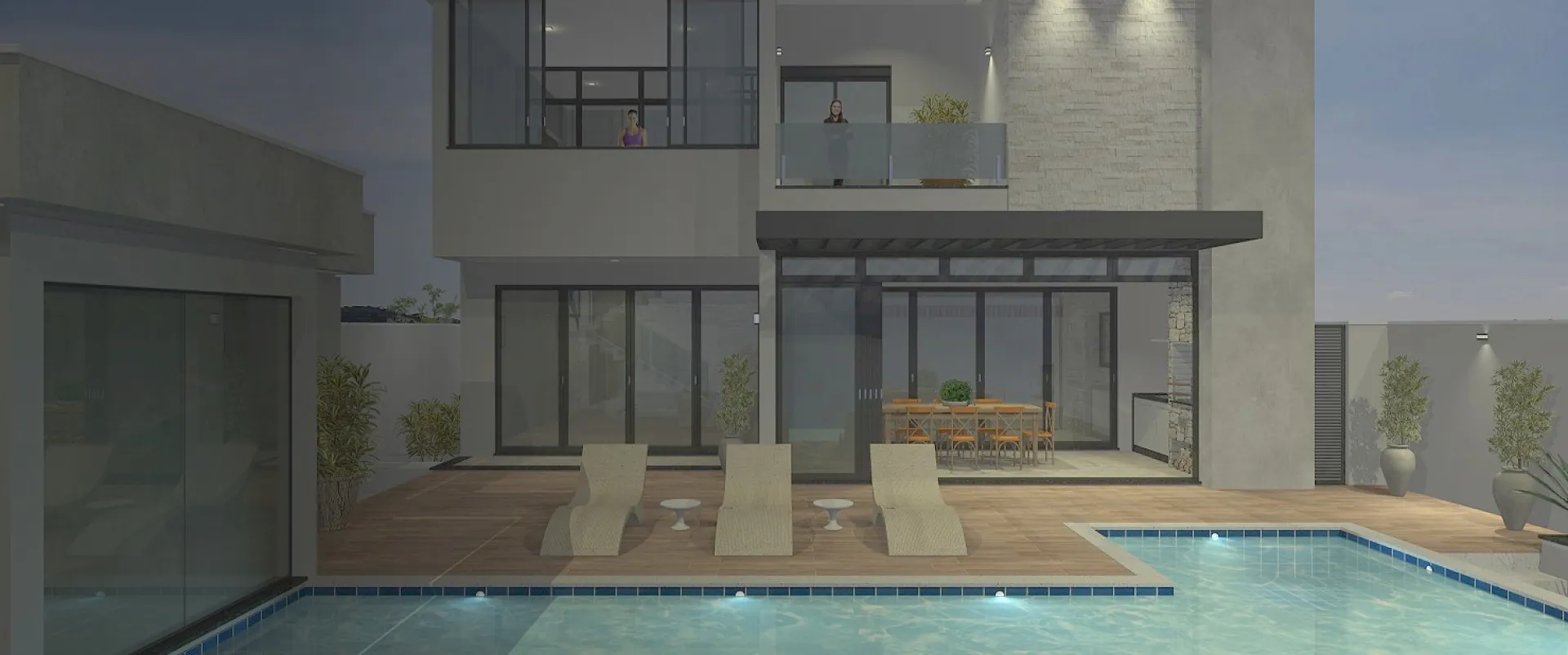 Imagem de projeto de casa com piscina e deque de madeira à noite